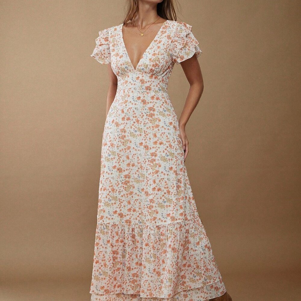 Yellow Floral Print Women's V Neck Maxi Dress with Flutter Sleeve